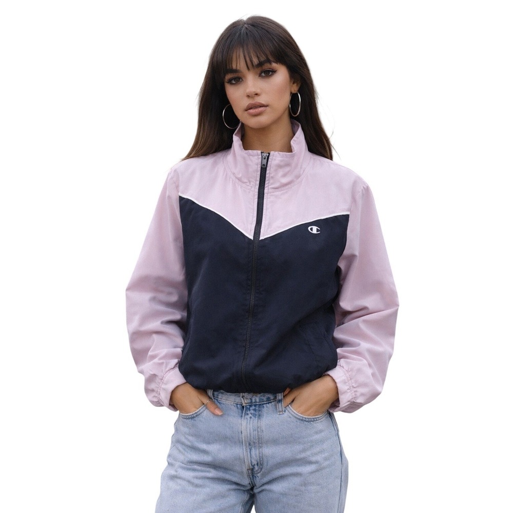 Champion Vintage Womens Colorblock Windbreaker Jacket Pink Black Full Zip Large‎